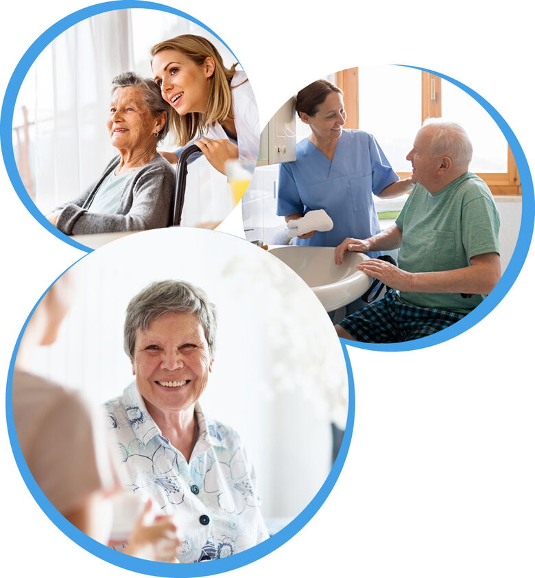 Dreiteilige Collage zum Pflegedienst: Liebevolle Zuwendung am Fenster, professionelle Unterstützung bei der Bad-Hygiene und ein fröhliches Beratungsgespräch am Tisch.