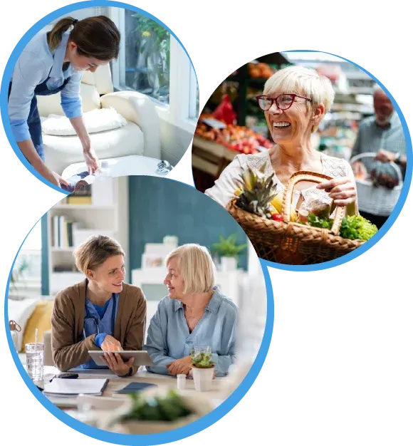 Collage zur Alltagsunterstützung: Haushaltshilfe, Begleitung beim Einkauf und persönliche Beratung durch den Reinery Dienstleistungsservice.
