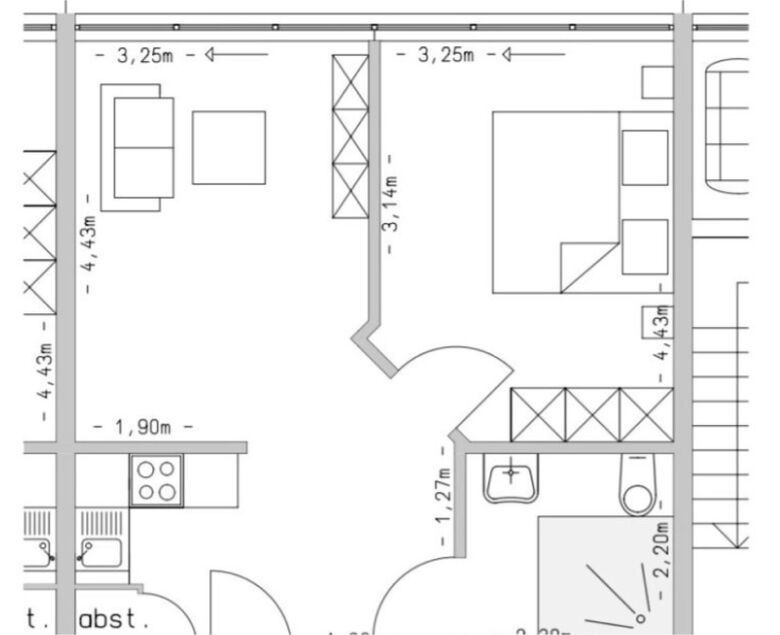Detaillierte Grundrisszeichnungen barrierefreier Wohnungen mit Maßen für Wohnzimmer, Schlafzimmer, Küche und Bad.