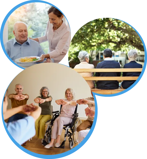 Unterstützung im Alltag: Eine Mitarbeiterin serviert eine Mahlzeit, eine Seniorengruppe beim Sport und die Nutzung eines Hausnotrufs.
