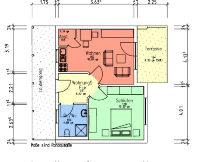 Detaillierter Wohnungsplan mit Kennzeichnung von Schlafzimmer, Wohnraum, Küche und barrierefreiem Bad.